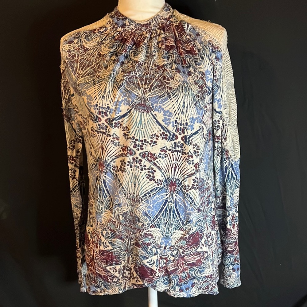 Free People New World Long Sleeve Lace Wrap Top Mock Neck Linen Blue retail 119